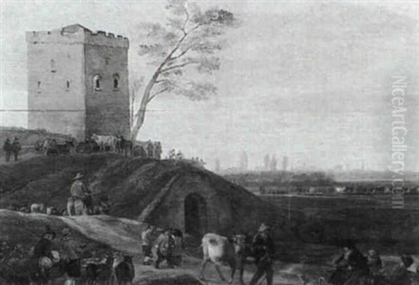 Peasants With Their Livestock On A Riverside Path Beside A Tower, A Village Beyond - view 1