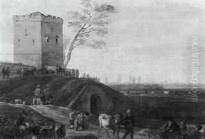 Peasants With Their Livestock On A Riverside Path Beside A  Tower, A Village Beyond