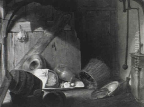 Cooking Utensils, Baskets, A Barrel, A Straw Hat, And Vegetables In A Barn Interior - view 1