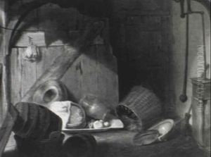 Cooking Utensils, Baskets, A Barrel, A Straw Hat, And       Vegetables In A Barn Interior