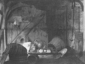 Corner Of A Kitchen Interior With Copper Pots And Wooden Barrels by Cornelis Saftleven