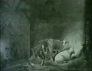 A Stable Interior With Cows, Goats And Chickens by Cornelis Saftleven