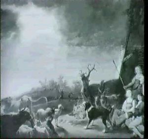 A Shepherd And Shepherdesses With Cattle Outside A Barn by Cornelis Saftleven