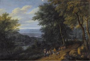 A Wooded Landscape With Figures Travelling Along A Path by Adriaen Frans Boudewijns