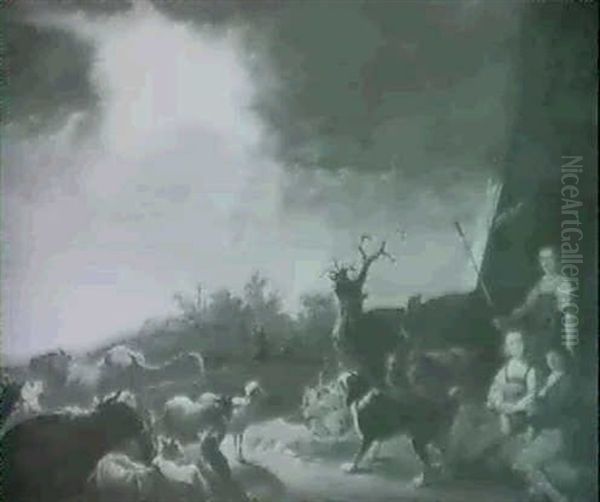 A Shepherd And Shepherdesses With Cattle In A Landscape - view 1