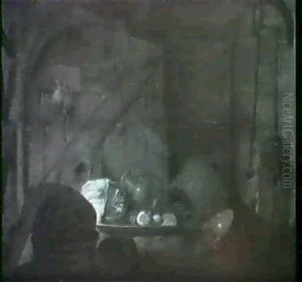 A Barn Interior With A Basket,a Barrel, Fish Turnips And Other Objects - view 1