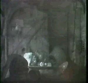 A Barn Interior With A Basket,a Barrel, Fish Turnips And    Other Objects