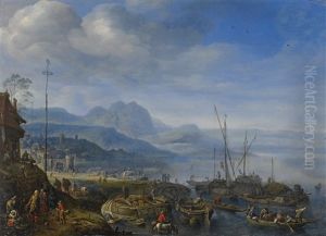 A View Of Linz Am Rhein, With Barges Unloading At A Quay And An Inn Nearby by Herman Saftleven