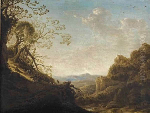 An Extensive Mountainous Landscape With Travellers And A Shepherd With His Flock On A Path, A Valley Beyond - view 1