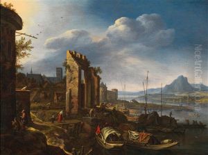 A Rhenish River Landscape With Figures Uploading Barges by Herman Saftleven