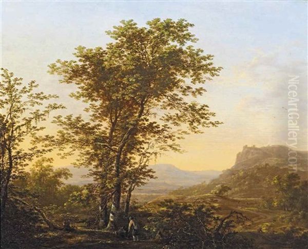 An Italianate Landscape With Two Travellers Resting By A Birch Grove, Figures On A Path Beyond - view 1