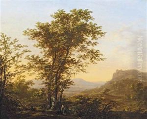 An Italianate Landscape With Two Travellers Resting By A Birch Grove, Figures On A Path Beyond by Herman Saftleven