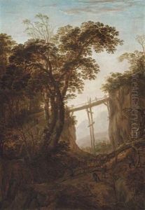 A Wooded Landscape With Woodmen Cutting A Tree, Other Figures On A Track Beyond
