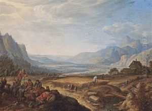 An Extensive Mountainous Landscape With Figures Resting In The Foreground, Others Harvesting, A River Valley Beyond by Herman Saftleven