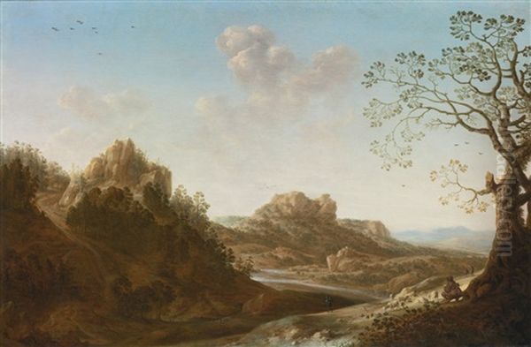 A Panoramic River Valley Landscape With Figures And Village Below - view 1