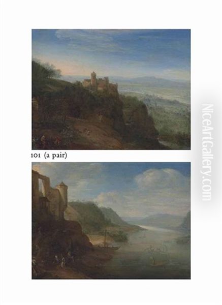A Mountainous Landscape With Figures On A Track, A Hilltop Fortified Town Beyond (+ A River Landscape With Hilltop Ruins And Figures On A Bank; Pair) - view 1