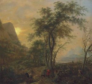 An Italianate Wooded Landscape At Sunset With Travellers And Their Dogs Resting Beside A Path, With Mountains Beyond by Herman Saftleven