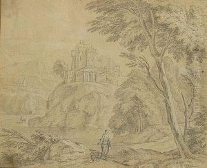 Geanimeerd Landschap Met Een Kasteel Op Een Rots Omgeven Door Water by Adriaen Frans Boudewijns