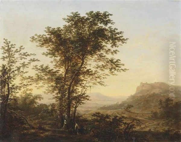 A Mountainous Landscape With Travellers Resting By A Birch Grove, Figures On A Path Beyond - view 1