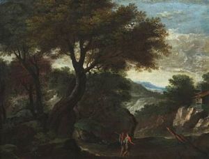 Two Wanderers In A Rocky Landscape With Tall Trees