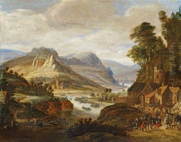 River Landscape With Village And Rich Figural Staffage - view 1