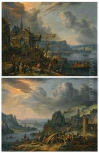 A Rhenish River Landscape With Many Figures Outside A Tavern; A Rhenish River Landscape With Men Fixing A Boat (pair) by Herman Saftleven