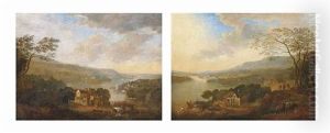 A River Landscape With A Traveller And His Horse On A Track......(+ A Wooded River Landscape With A Traveller Resting On A Track, A Village Beyond; Pair) by Herman Saftleven