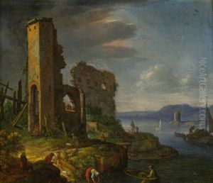 River Landscape With Ruins, Boats, And Figures