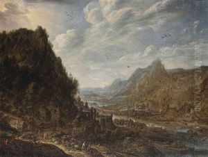 A Rhenish Landscape With Numerous Vessels Moored At A Quay By A Cooperage, A Village On The Hilltop