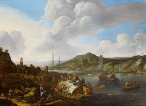 A Rhenish Capriccio With Travellers Approaching A Shore On Barges, A Port And A Village In The Distance