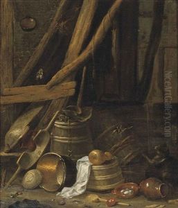 A Barn Interior With A Copper Pot, Wooden Barrels, An Earthenware Jug And Other Objects, Together With A Chicken And A Cat by Herman Saftleven
