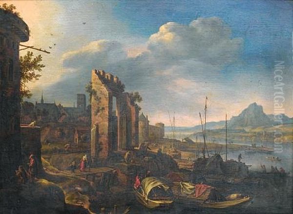 A Mountainous River Landscape With Figures Loading Barges - view 1