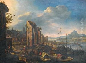 A Mountainous River Landscape With Figures Loading Barges