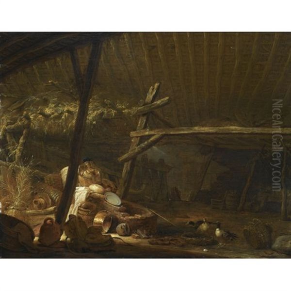 Barn Interior With A Ruined Water Well, Copper Pots, Baskets And Other Objects, Together With Three Ducks - view 1