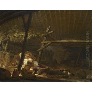 Barn Interior With A Ruined Water Well, Copper Pots, Baskets And Other Objects, Together With Three Ducks by Herman Saftleven