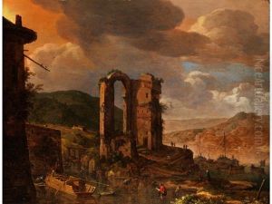Landschaft Mit Romischer Ruine Uber Einem Flusstal Mit Blick Auf Ferne Hugel Und Gebaude Am Ufer by Herman Saftleven