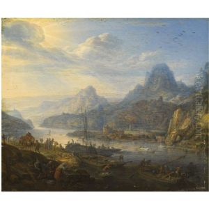 An Extensive Rhenish River Landscape With Barges And Mountains Beyond by Herman Saftleven