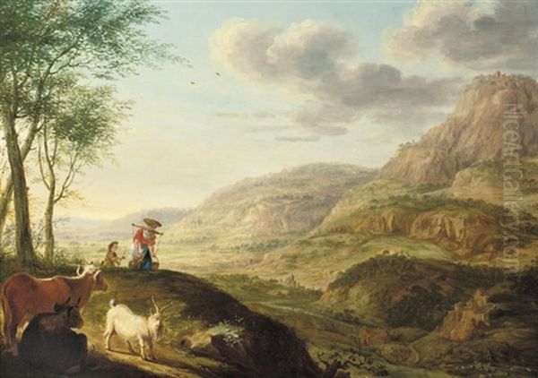 An Extensive Mountainous River Landscape With A Milkmaid And Cattle - view 1