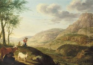 An Extensive Mountainous River Landscape With A Milkmaid And Cattle by Herman Saftleven
