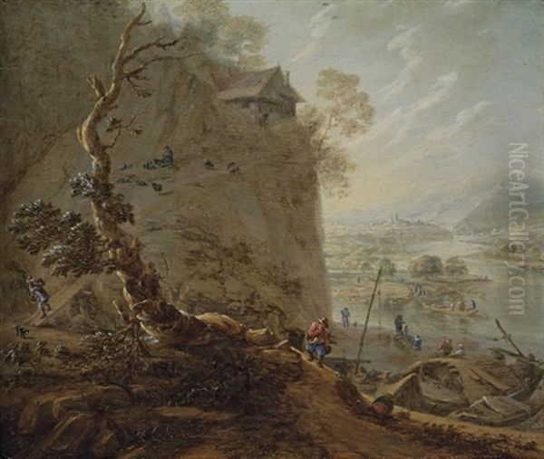 A Shepherd On A Bluff Beneath A Cottage, Peasants On A Track Below - view 1
