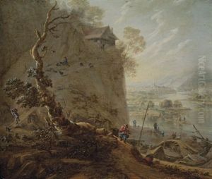 A Shepherd On A Bluff Beneath A Cottage, Peasants On A Track Below