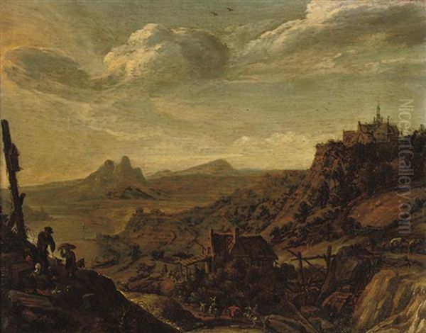 A Rhenish River Landscape With Travellers On A Track, A Church On A Hill Beyond - view 1