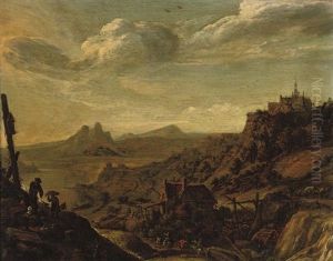 A Rhenish River Landscape With Travellers On A Track, A Church On A Hill Beyond by Herman Saftleven