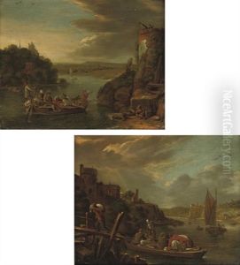 A River Landscape With Peasants Unloading A Boat At A Jetty (+ A River Landscape With A Peasant Pulling A Ferry Before A Watch Tower; Pair)