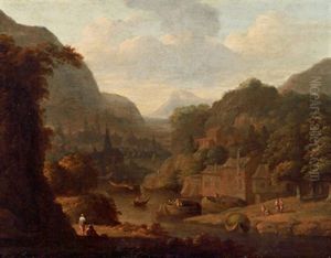 Eine Flusslandschaft Mit Fischern, Reisenden Und Einer Stadt Im Hintergrund