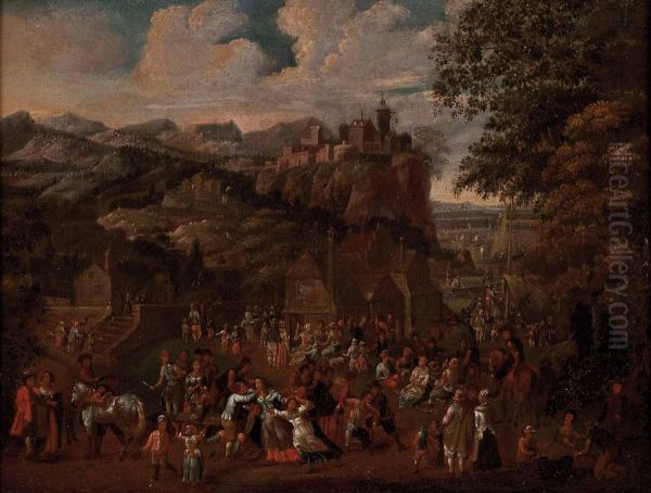 Gebirgige Landschaft Mit Einem Bergdorf Und Vielen Figuren - view 1