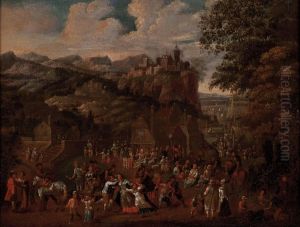 Gebirgige Landschaft Mit Einem Bergdorf Und Vielen Figuren by Adriaen Frans Boudewijns