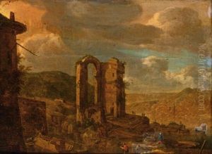 An Rhenish River Landscape With Figures And Their Boats Near A Ruin by Herman Saftleven