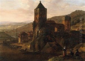 Fluslandschaft Mit Reisenden Vor Einer Burganlage Im Morgenlicht
