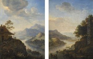 A Rhenish Landscape With Travellers Mooring Their Boats Next To A Wooded Cliff, A Castle On A Hilltop Beyond (+ Another, Similar; Pair) by Herman Saftleven